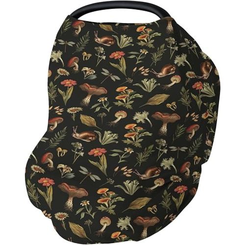 Vintage Mushroom Life Car Seat Cover for Babies Retro Black Mushroom Leaves Floral Stretchy 5-in-1 Cover Adjustable Car Canopy Cover Fantasy Forest Breathable Nursing Cover-Up
