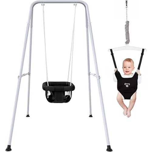 2 in 1 Baby Jumper with Swing - Indoor and Outdoor Use, Baby Jumpers and Bouncers, Toddler Swing with Foldable Stand（Black）