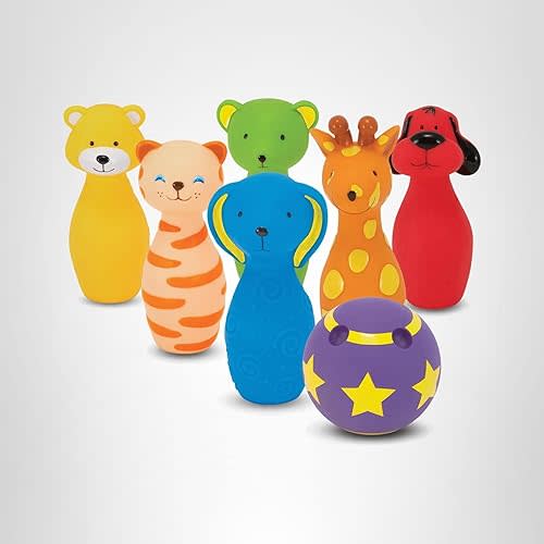 Melissa & Doug K's Kids Bowling Friends Play Set and Game with 6 Pins and Convenient Carrying Case - Indoor Outdoor Bowling Set, Soft Plastic Animal Bowling Pins, Toddler Bowling for Ages 2+