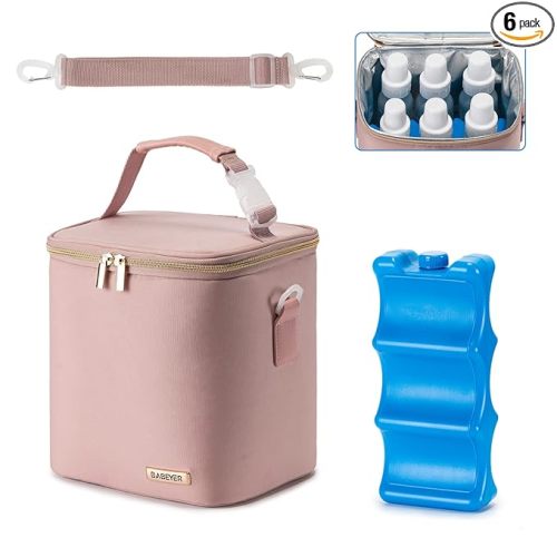 Breast Milk Cooler Bag with Ice Pack Fits 6 Baby Bottles Up to 9 Ounce, Baby Bottle Bag with Shoulder Strap for Nursing Mom Daycare, Pink