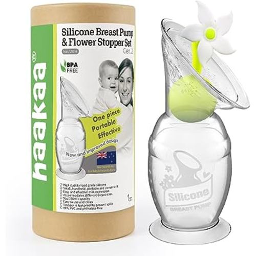 Haakaa Manual Breast Pump Silicone Breast Pump Milk Saver Milk Pump with Suction Base and Flower Stopper 100% Food Grade Silicone BPA Free (5oz/150ml) (White)