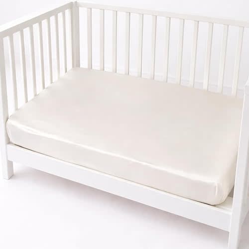 Mulberry Park Fitted Silk Crib Sheet - Grade 6A Pure 19 Momme Toddler Bedding - Gentle on Baby's Delicate Skin, Helps with Bald Spot, Eczema, Dry Skin & Cradle Cap - 28" x 52" / Natural White