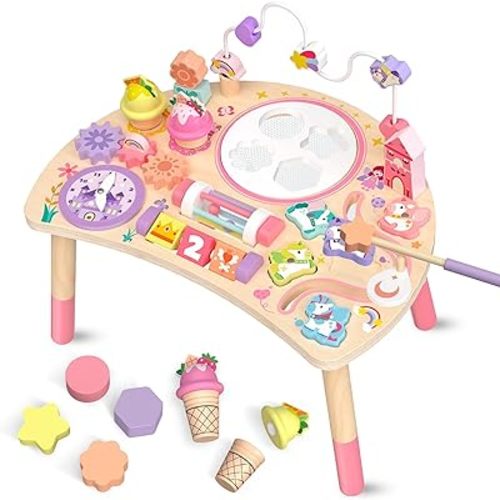 Wooden Activity Table for Toddlers 1-3, Unicorn 10-in-1 Montessori Busy Board with Bead Maze Shape Matching Gears Clock, Sensory Learning Toys for 1 2 3 Year Old Girls Boys Birthday Gift