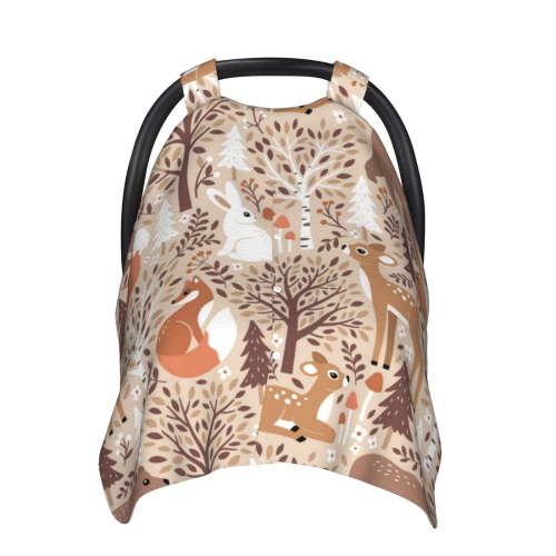 Car Seat Cover Baby, Woodland Animals in Neutral Tones Baby Car Seat Cover for Baby Boys Girls Newborn , Infant Car Seat Canopy Cover Nursing Breastfeeding Cover Warm Blanket