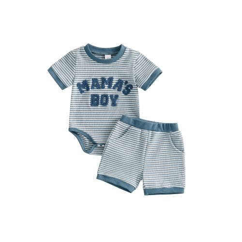 Loicainy Infant Baby Boy Summer Clothes Set 3 6 9 12 18 Month Striped Letter Embroidery Short Sleeve Romper and Shorts 2 Piece Outfit
