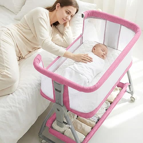 Bedside Bassinet for Baby, Sturdy 3 in 1 Bedside Sleeper with Mattress & Wheels, Height Adjustable, Breathable Mesh, Storage Basket, Easy to Assemble for Baby Girl, Pink