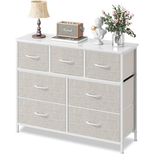 Fabric Dresser for Bedroom One-Piece 7 Drawer Dresser Steel Frame Wide Fabric Storage Tower Wooden Top and Metal Frame for Closet Organizer Living Room Bedroom Room Dorm Room Hallway Cream White