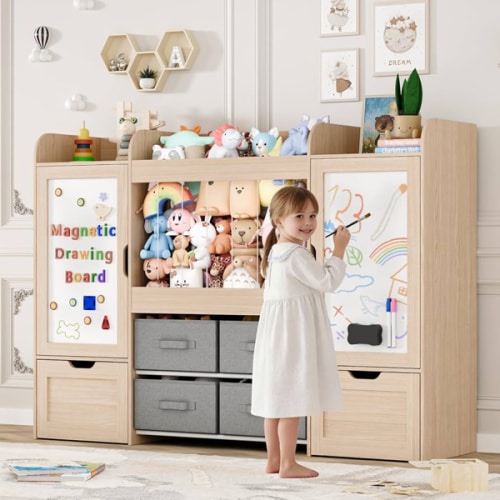 Amazon.com: VortinT 61"W Toy Storage Organizer, Kids Bookshelf with 122L Stuffed Animal Storage, 2 Magnetic Drawing Boards, 2 Movable Toy Boxes and 4 Fabric Bins, Wooden Shelf for Kids Room/Playroom/Living Room : Baby