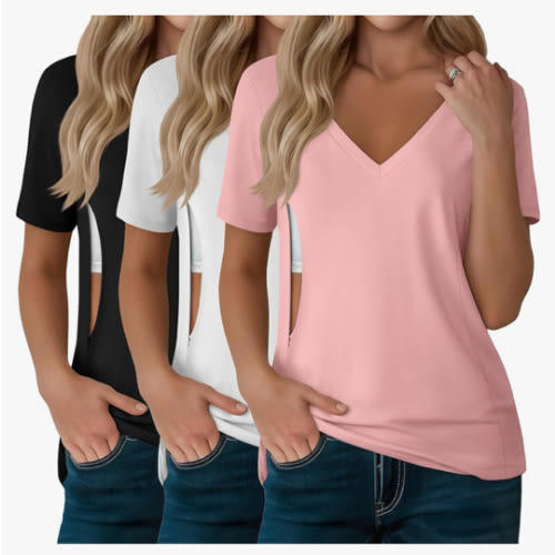 3 Pack Women's Nursing Tops, Hidden Zipper Nursing Shirts for Breastfeeding & Pumping V Neck Short Sleeve