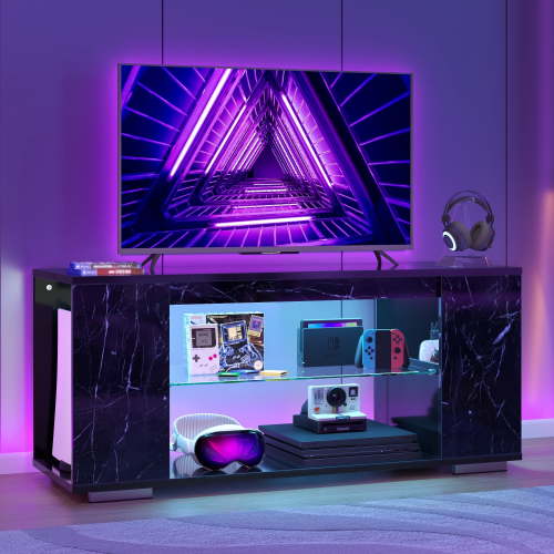 Pinmoco Marble TV Stand for TVs up to 55",LED Gaming Entertainment Center with Side Bookshelf, Marble Black