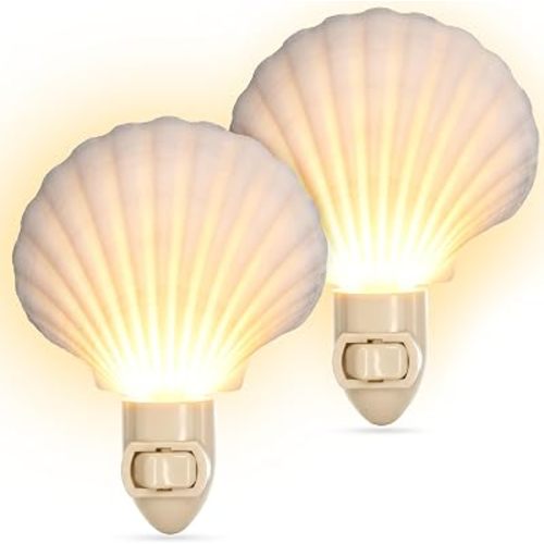 Sea Shell Light - Seashell Night Light Plug in Manual - 2 pc White Clam Sea Shell Night Light Shell - Beach Night Light Plug in - Seashell Light - Bathroom Night Light - Nautical Nightlight Plug in