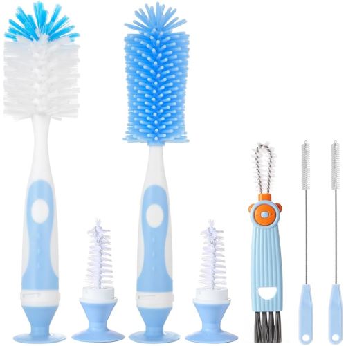 5-in-1 Baby Bottle Brush Set, Including Nylon and Silicone Bottle Brush, Bottle Cap, Straw and Nipple Cleaner, BPA-Free (Blue)