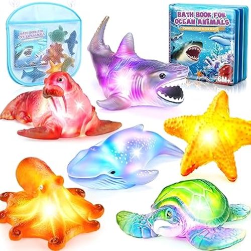 6 Pack Light Up Bath Toys & Magic Bath Book & Storage Bag