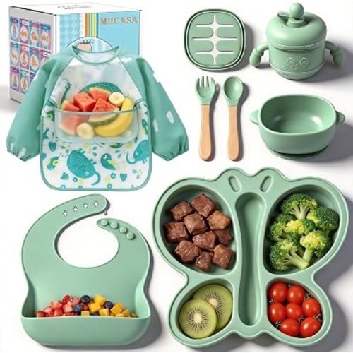 Silicone Baby Feeding Set, Silicone Toddler Divided Plate with Suction Base, Led Weaning Supplies with Plate, Bowl, Spoons, Fork, Cup, Waterproof Bib & Cloth Bib, Baby Dish for Picky Eaters