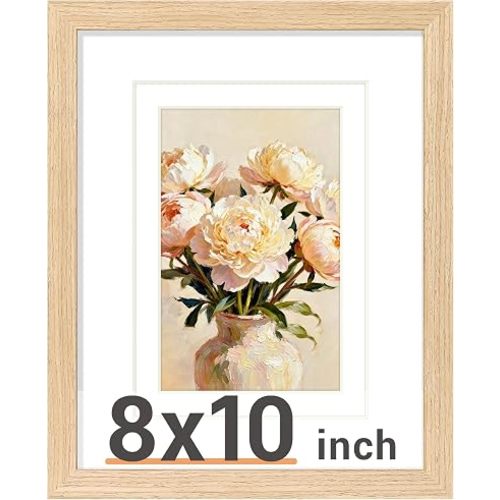 Vittanly Solid Wood 8x10 Picture Frame with Double Mat, Natural, 1 Pack