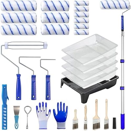 30Pcs Paint Roller Kit with Extension Pole 3.93Ft, 9"&6"&4" Microfiber Paint Rollers,Painting Tray and Liners,4 Brushes and Gloves, Professional House Paint Supplies for Wall/Ceilings/Home Renovation