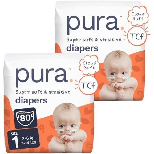 Pura Baby Diapers Size 1 (7-14 lbs) 80 Count Sensitive Skin
