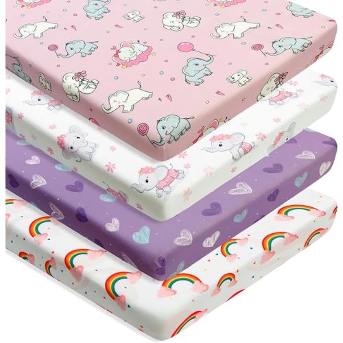 4 Pack Baby Girl Pack N Play Mini Crib Sheets Set Soft Fitted Floral Theme Baby Girl Mattress Covers Breathable Toddler Bed Sheets for Infant or Newborn(Flower, Pack N Play Mini Crib Sheets)