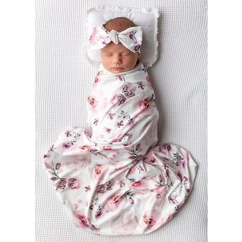 Newborn Floral Print Blanket Baby Stretch Wrap Swaddle Receiving Blanket with Matching Headband and Beanie (Purple and Pink)