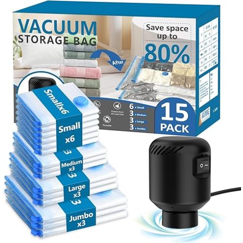 15 Pack Vacuum Seal Bag for Clothing with Electric Air Pump,Space Saver Vacuum Storage Bags for Clothes,Mattress, Blanket, Duvets, Pillows(3 Jumbo/3 Large/3 Medium/6 Small Bags)