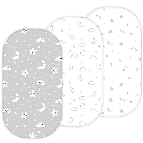 Bassinet Sheets for Delta Children Sweet Dreams, Slumber, Rocking, Curve, and Deluxe Beginnings Bedside Bassinet, 3 Pack, 16 x 32, Ultra Soft, Breathable, Unisex Boys Girls, Gray (Moon, Stars, Clouds)