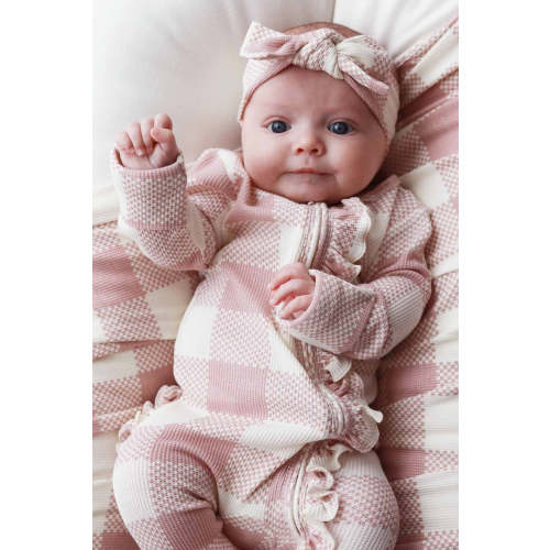 Big Check Bamboo Waffle Zipper Ruffle Footie, Rosy | Caden Lane