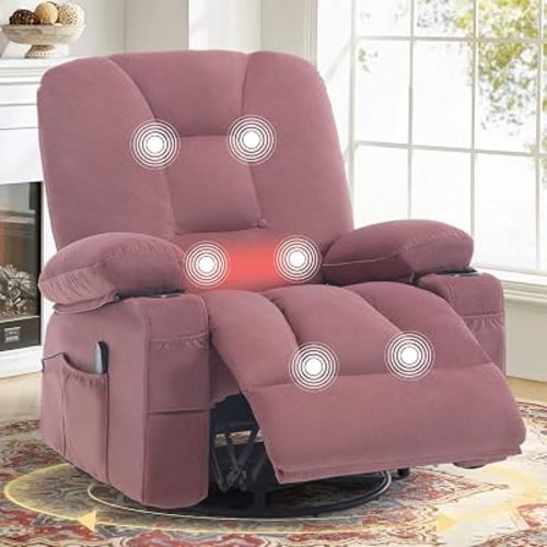Rocker Massage Recliner Chair with Heat, Oversized Rocking Nursery Chair with Cup Holder, Breathable Fabric Single Sofa Overstuffed Lounge Swivel Chair for Living Room Home Theater, Pink
