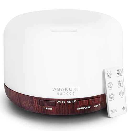ASAKUKI Essential Oil Diffuser for Home, 500ML Aromatherapy Humidifier | with Remote Control, 7 Color LED Lights, Quiet Cool Mist Diffuser for Bedroom, Living Room, Office (Reddish-Brown)