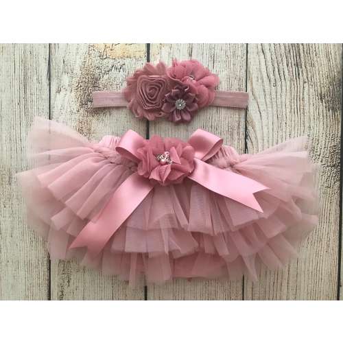 Rose Gold Tutu Bloomers & Headband Set: Vintage Pink Ruffle Outfit