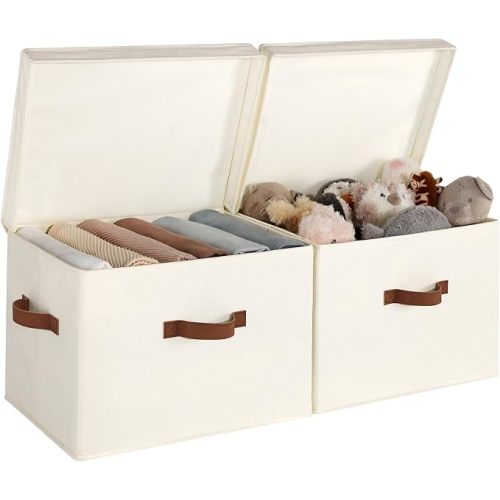 StorageWorks Fabric Storage Bins with Lid, Decorative Storage Boxes for Shelves, Stackable Closet Organizer Basket with Handles, Jumbo, Ivory White, 2-Pack