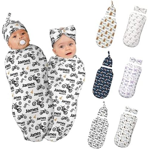 Personalized Baby Swaddle Blanket for Boys, Custom Name Dirt Bike Receiving Blanket with Headband or Hat Set for Newborn
