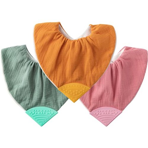 3Pcs Bandana Bibs with Teethers Muslin Baby Bibs Bandana Drool Bib with BPA-Free Silicone Teether Super Absorbent Organic Cotton