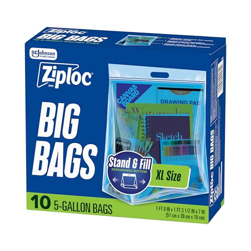 Ziploc Big Bags 5 Gallon XL, Reusable Large-Capacity Plastic Storage Bags, 10 count
