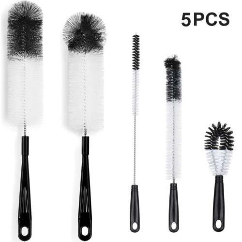 Tripumer 5 Pcs Bottle Cleaning Brush Set, Long Handle, Food-Grade, Black, for Bottles, Flasks, Spouts