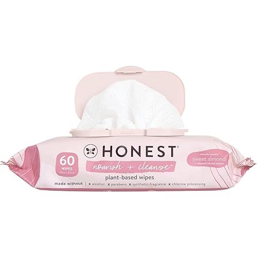 The Honest Company Nourish and Cleanse Naturally Scented Wipes, Cleansing Multi-Tasking, 99% Water, Plant Based, Hypoallergenic, Sweet Almond, 60 Count