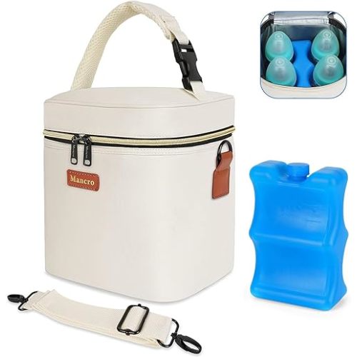 Mancro Breastmilk Cooler Bag for Travel, Fits 4 Baby Bottles Up to 9 Ounce, Baby Bottle bag with Ice Pack, Insulation Breast Milk Cooler Travel, Cream