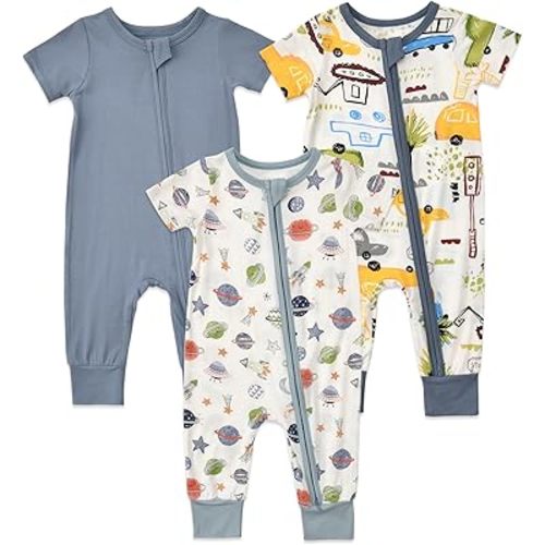 Aablexema Baby Short Sleeve Footless Romper 3-Pack Rayon of Bamboo 2 Way Zipper One Piece Pajamas Jumpsuits for Boys Girls