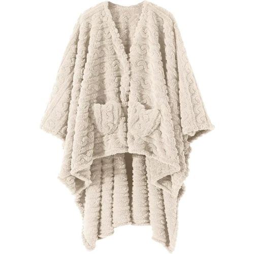 Wearable Blanket Poncho Cape Wrap for Adult, Cozy Sherpa Fleece Pocketed Shawl TV Throw Blankets for Office and Lounge(Ivory,58'' x 64'')