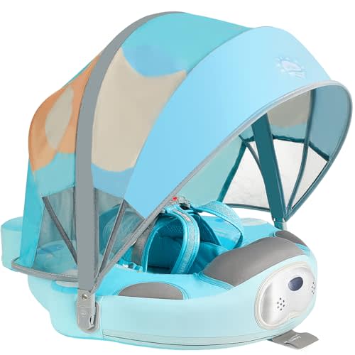 Mambobaby Float with Canopy and Tail New Upgraded Non-Inflatable Baby Pool Float Mambo Float Swim Trainer Solid Infant Swim Float Adjustable Pearl Foam Baby Swim Ring