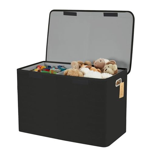 Large Toy Storage Box with Lid, Collapsible Toys Storage Organizer Bins with Dividers and Handles, Storage Chest Bin for Kids, Boys, Girls, Nursery 25"x13" x16" (Black)