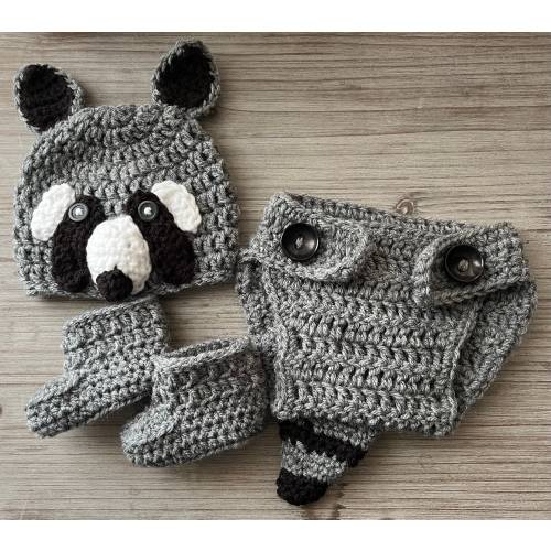 Woodland Bunny Fox Deer Bear Raccoon Newborn Photoshoot Outfit Handmade Crochet Hat Diaper Cover Booties