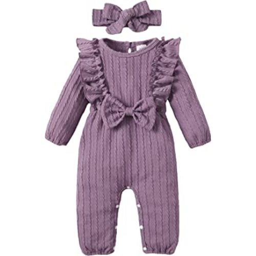 Happy Town Baby Girl Romper Infant Fall Winter Clothes Ruffle Sweater Long Sleeve Bodysuit Jumpsuit and Headband
