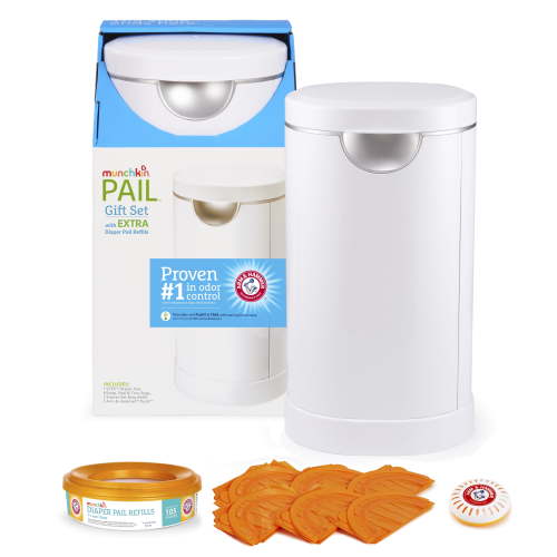 Munchkin Baby Diaper Pail Starter Set, Powered by Arm & Hammer , Includes 1 Month Refills and Baking Soda Puck, White