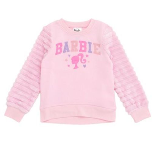 Barbie Little Girls Fleece Pullover Sweatshirt with Faux Fur Sleeves Pastel Pink 7-8
