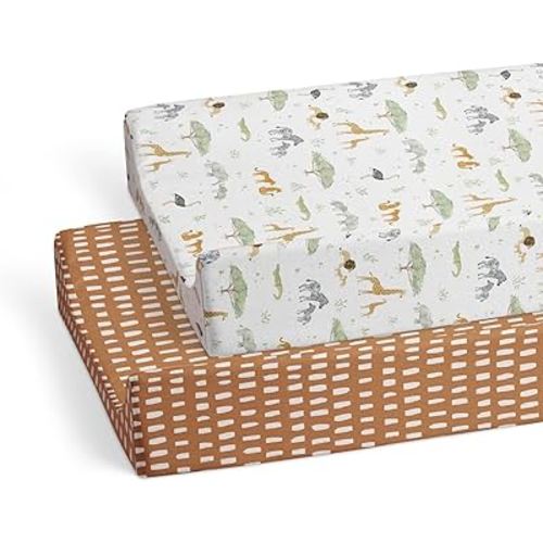 Sorrel + Fern Changing Pad Cover 2-Pack (Safari Adventures) - Premium Fitted Sheets - Buttery Soft Cotton Blend