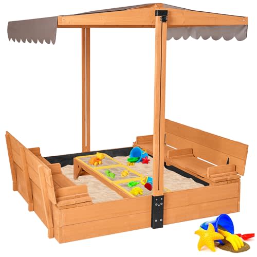 Large Wooden Kids Sand Box with Cover,Sandbox with Lid Foldable Beench Seats,Sand Boxes for Backyard Garden, Beach Patio Outdoor
