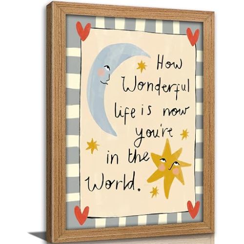 Framed How Wonderful Life Is Nursery Wall Art Cute Moon and Star Wall Decor Whimsical Kids Bedroom Painting Picture Colorful Celestial with Love Quote Poster Print Artwork for PlayRoom Baby Room
