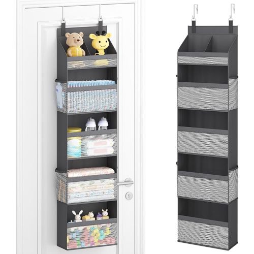 Lifewit 5 Tier Over the Door Diaper Organizer for Nursery, Large Heavy Duty Hanging Storage with 4 Mesh Side Pockets, Sturdy Back of Door Shelf for Baby Stuff Toy in Pantry, Laundry, Bathroom, Gray