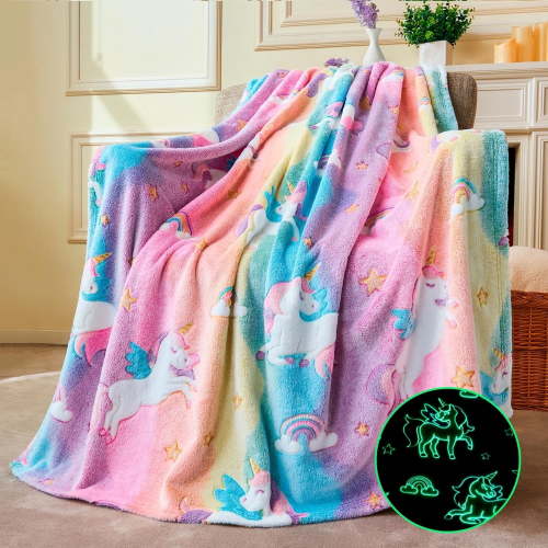Joyfy Glow in The Dark Blanket Unicorn Gifts for Girls 50" x 60" Soft Cozy Flannel Kids Throw Blanket