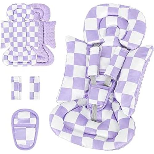 DILIMI Infant Car Seat Insert, Baby Car Seat Head Support with 3 Strap Paddings, Soft Newborn Car Seat Cushion for Stroller, Swing, Bouncers, Purple Checkered
